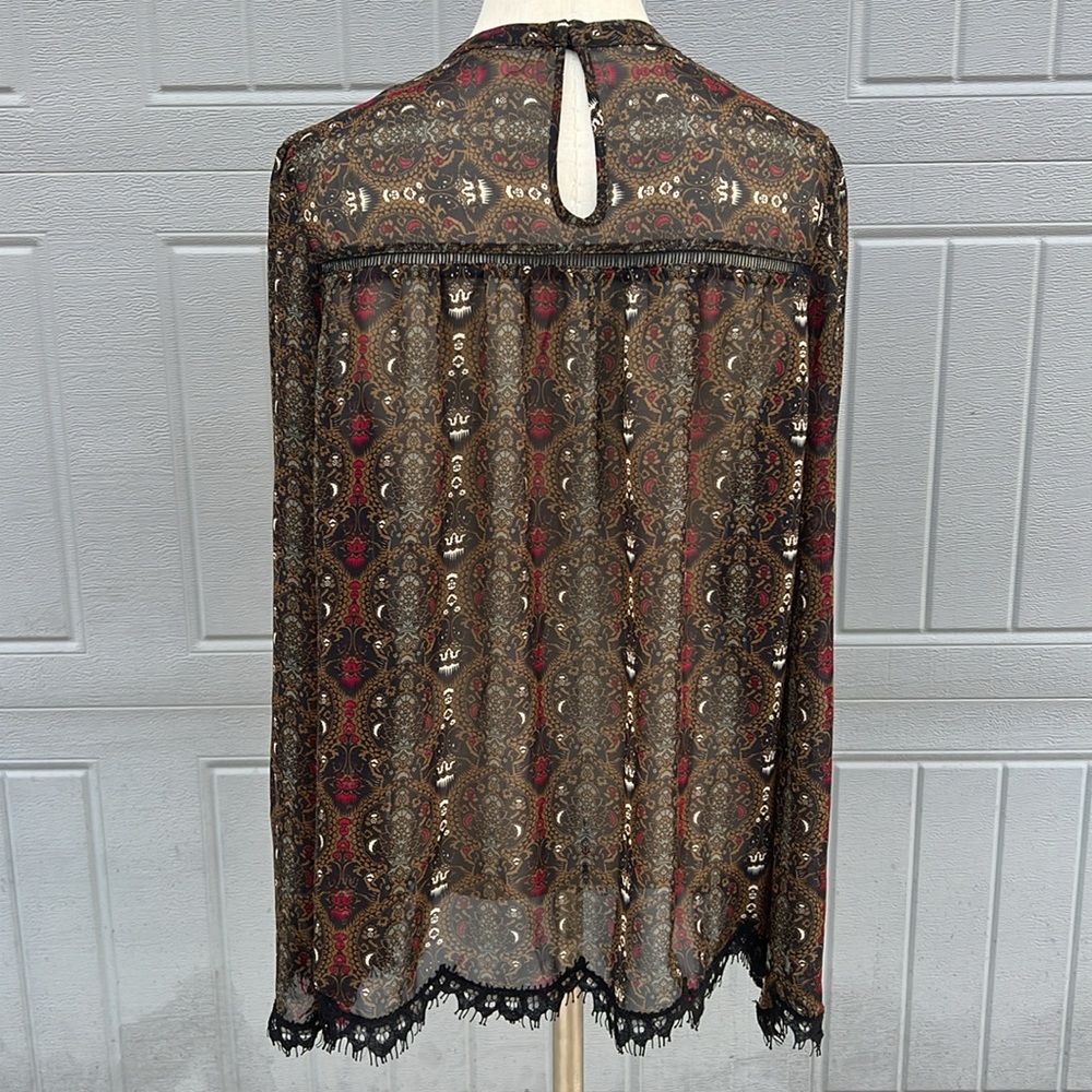 🎨Max Studio multi color sheer with lace long sleeves bohemian blouse size Large - Picture 3 of 9